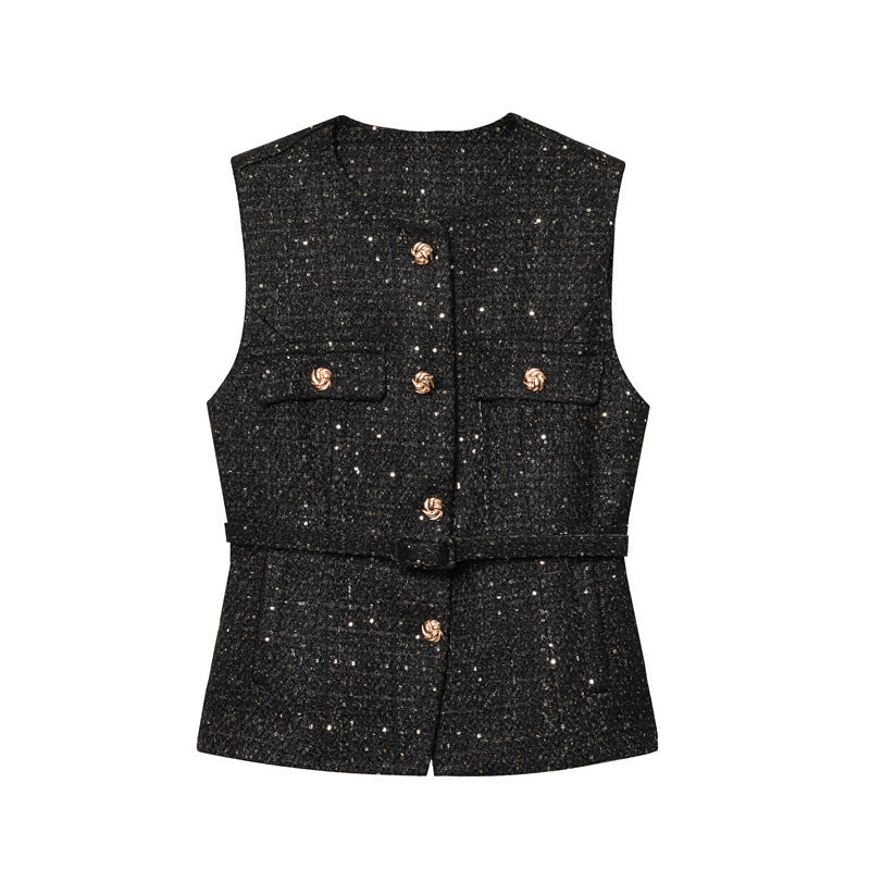 Women's Fashion Casual Sleeveless With Belt Texture Vest