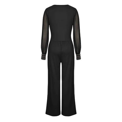 Women's Elegant V Neck Mesh Long Sleeve Loose Wide Leg Romper Party Jumpsuits With Rivet Cuffs