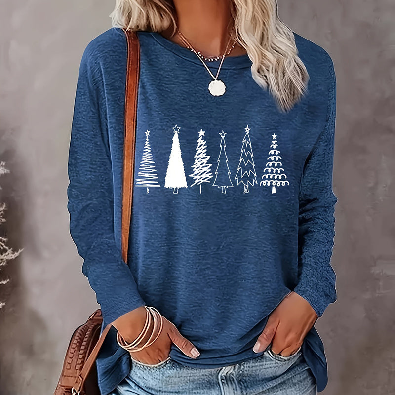Christmas Shirts For Women, Cute Christmas Tree Graphic Long Sleeve T-Shirt, Funny Holiday Xmas Top For Party, Family Matching PJ Outfit