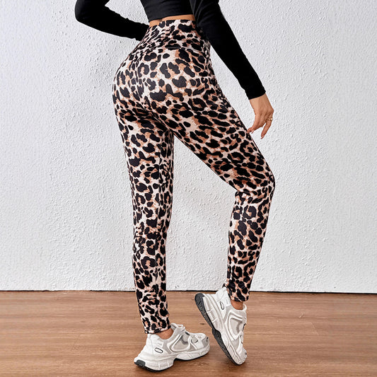Leopard Print Cashmere Leggings High Waist Slimming And Velvet Padded Warm Side Pocket