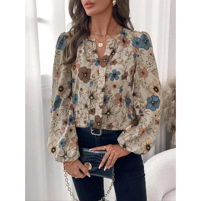 Women's Floral Print Notched Collar Shirt Elegant