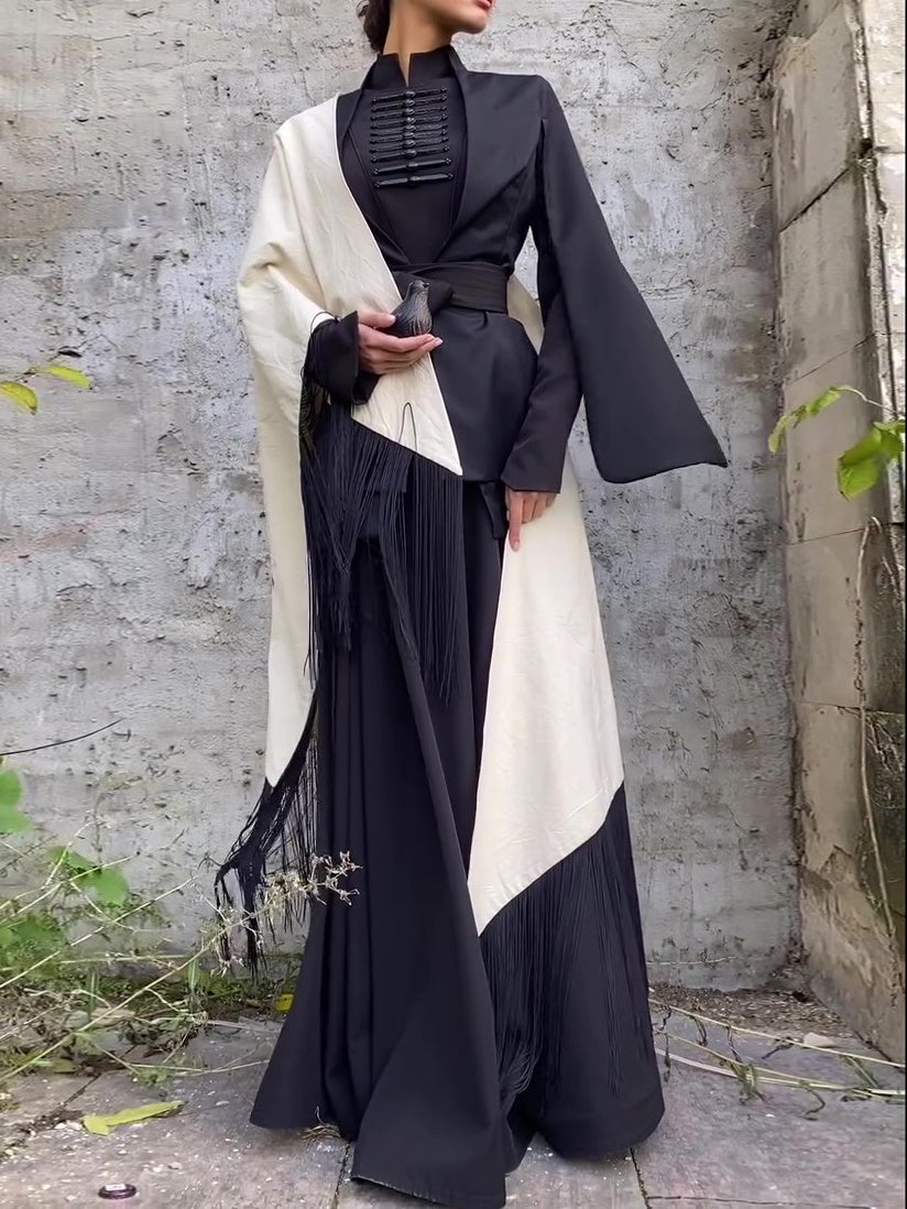 Vintage Button Long Sleeve Dress With Tassel Scarf -Including Belt