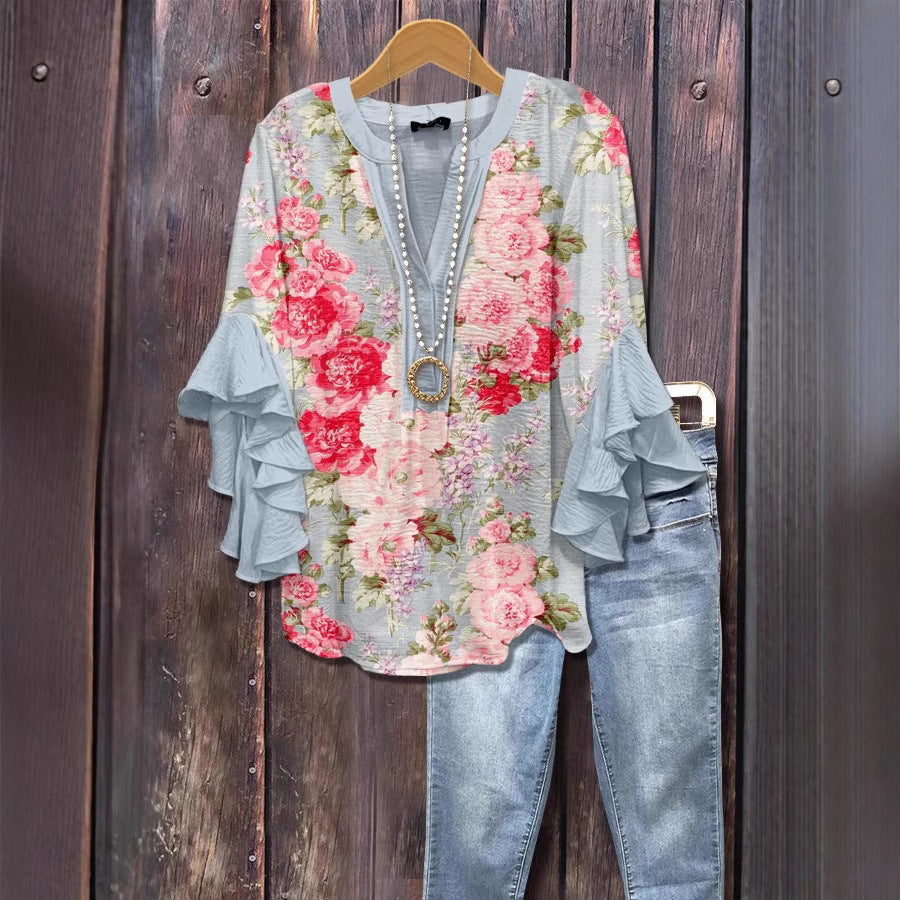 Floral Element Printing Digital Printing Casual Women's Top