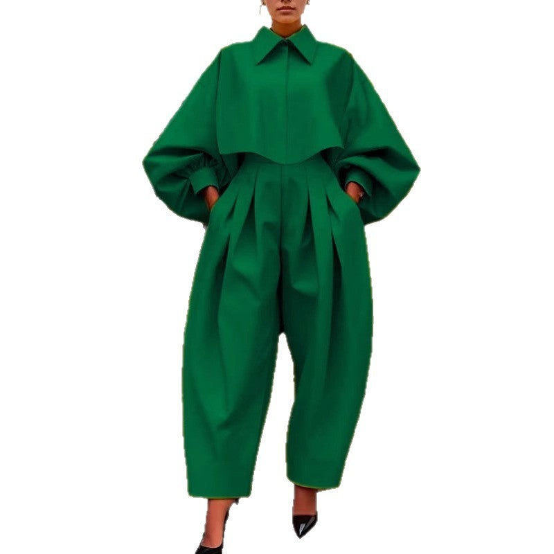 Elegant Fashion Temperament Leisure Long-sleeved Green Jumpsuit