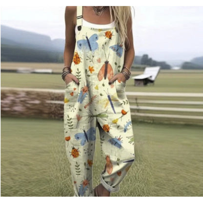 Women's Summer Digital Printing Button Casual Suspender Trousers