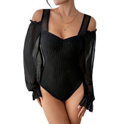 Design Sense Backless Gauzy Hollow-out Long Sleeve Waist-tight Jumpsuit For Women Autumn