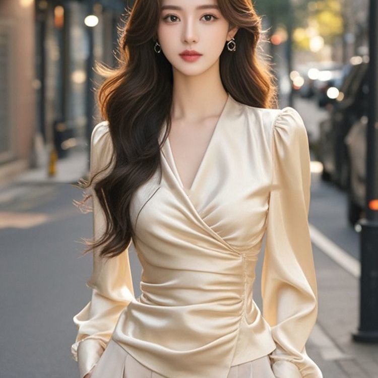 Design Satin Long Sleeve Underwear Blouse Women's V-neck Top