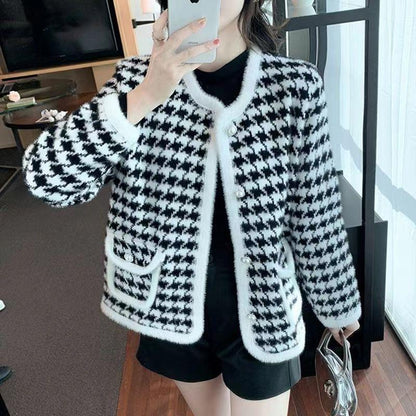 New Plaid Mink Velvet Coat Loose Flattering Knit Cardigan Sweater