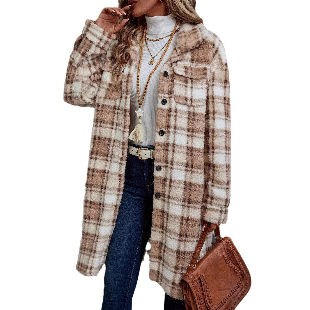Women's Printed Plaid Long Double-sided Plush Patch Pocket Button Coat