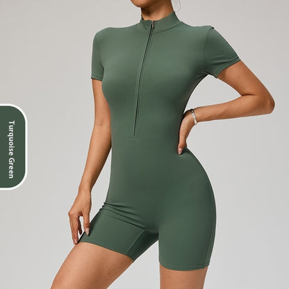 Zipper Short Sleeve Yoga Jumpsuit Women's Sports Jumpsuit