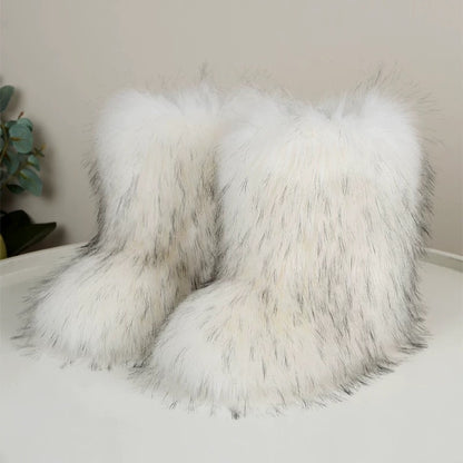 European And American Imitation Raccoon Fur Winter Warm Mid-calf Women's Shoes