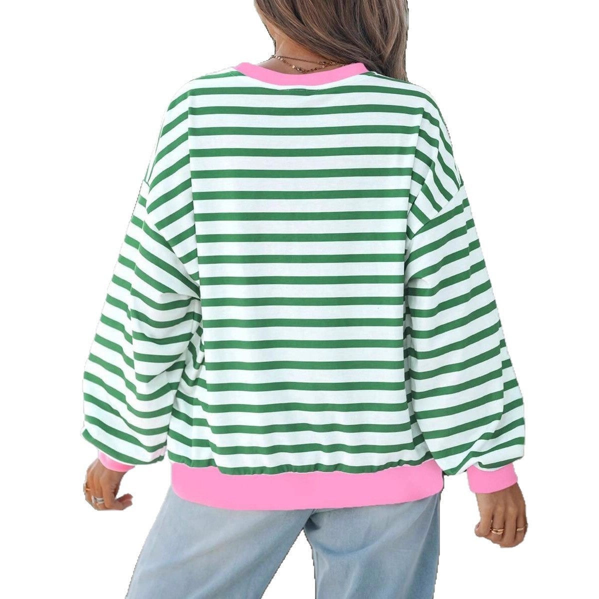 Women's Round Neck Striped Long Sleeve Loose-fitting T-shirt Top