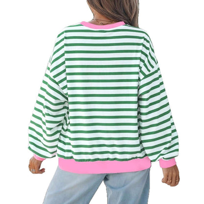 Women's Round Neck Striped Long Sleeve Loose-fitting T-shirt Top