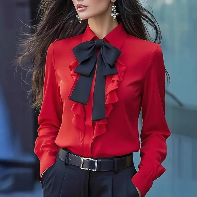 Women's Elegant Ruffle Trim Blouse With Black Bow Tie, Long Sleeve Office Shirt For Spring & Fall