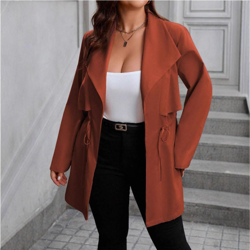 Drawstring Large Lapel Mid-length Trench Coat