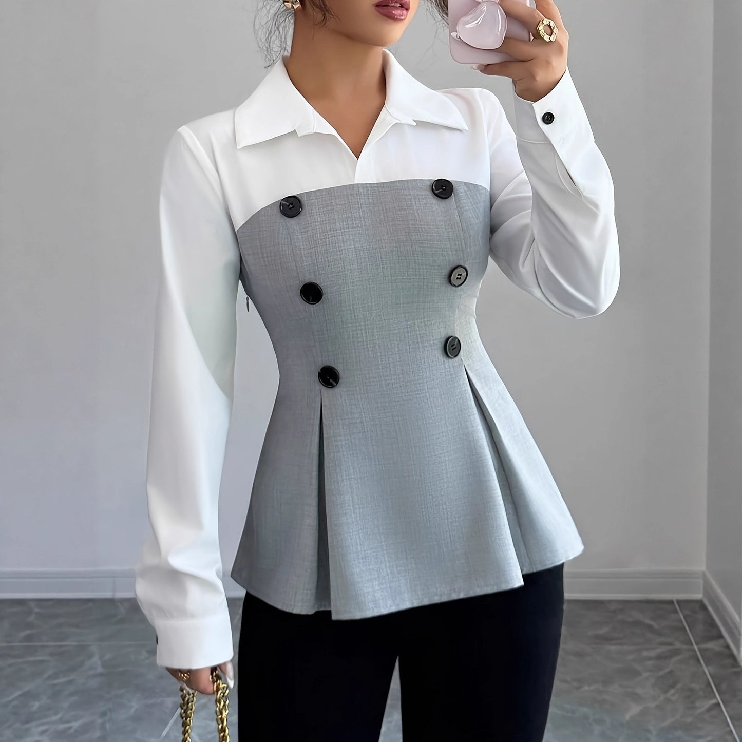 Women's Long-sleeved Contrast Color Double Breasted Fitted Waist Shirt