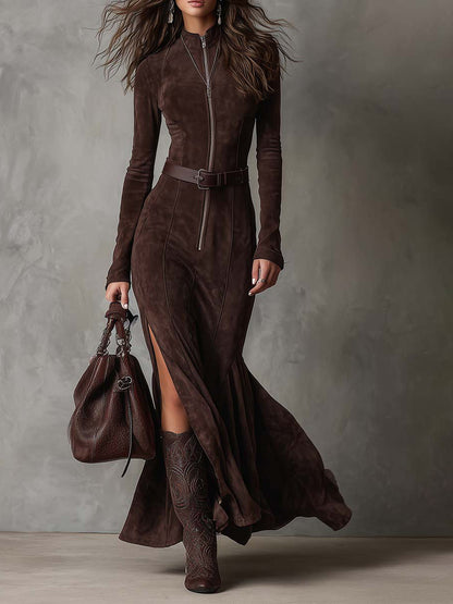 Brown Suede Maxi Dress With Front Zipper And High Slit