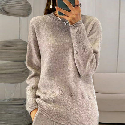 Women's Solid Color 3D Floral Embroidered Sweater, Loose Round Neck Long Sleeve Pullover For Autumn & Winter
