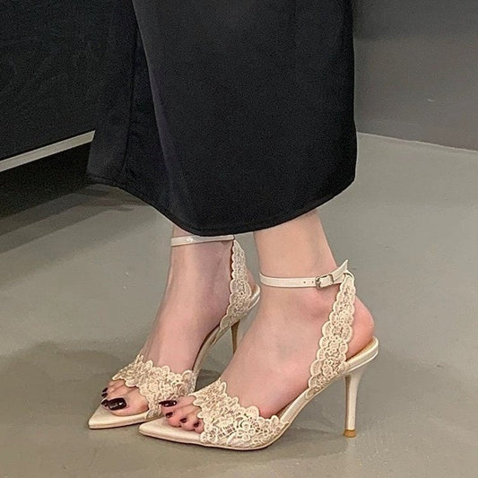 Summer New French Niche Design Women Sandals, Pointed Toe Lace Stiletto High Heel Open Toe Outdoor Shoes