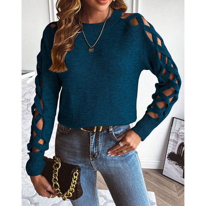 Women's Casual Long Sleeve Hollow Out Sweater, Trendy Chic Crewneck Openwork Knit Pullover Top For Fall