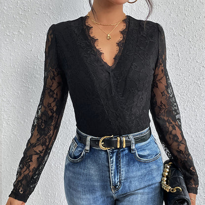 Lace Stitching Long-sleeved Jumpsuit Slim Fit Lace V-neck Hollowed-out Jumpsuit