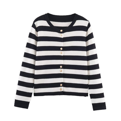 Black And White Striped Knitted Cardigan For Women