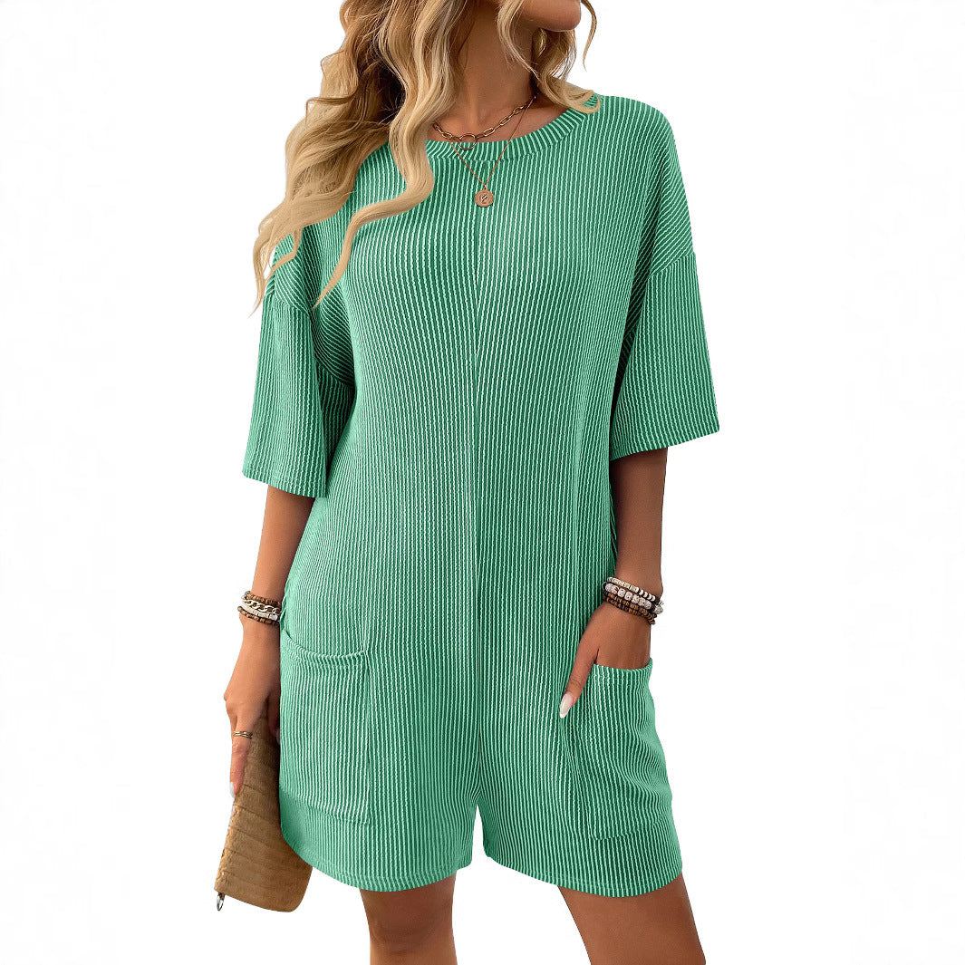 Women's Loose Pockets Back V-neck Short-sleeved Jumpsuit
