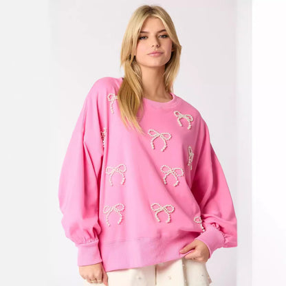 Autumn And Winter New European And American Pearls Bow Decoration Long-sleeved Sweater