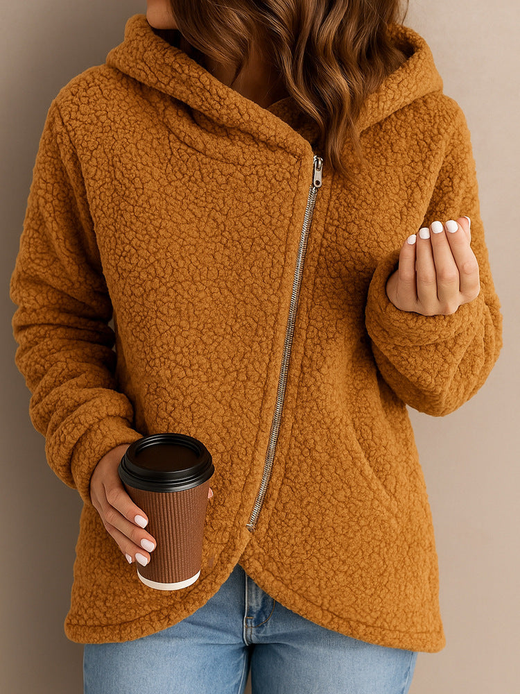 Casual Loose Lambswool Long Sleeve Zipper Hoodie Coat