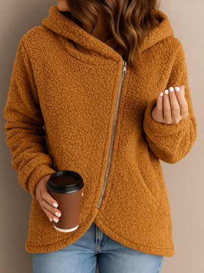 Casual Loose Lambswool Long Sleeve Zipper Hoodie Coat