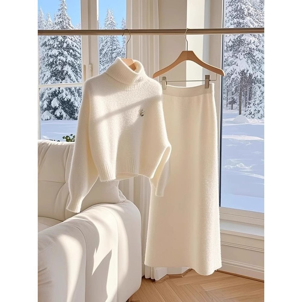 High-grade White Temperament Thick Sweater Skirt Suit