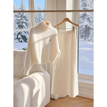 High-grade White Temperament Thick Sweater Skirt Suit