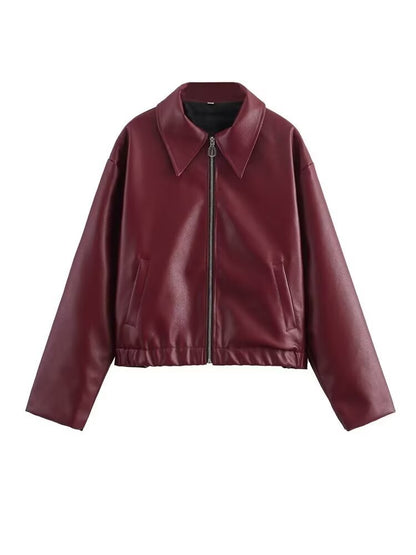 Women's Lapel Long Sleeve Leather Coat