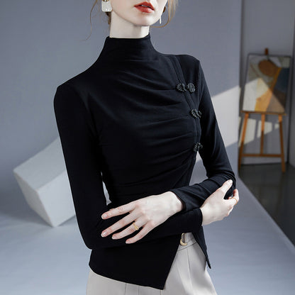 Autumn New Retro Frog Long Sleeve Small Shirt Temperament Split Pleated Inner Wear Outer Wear Women's Top