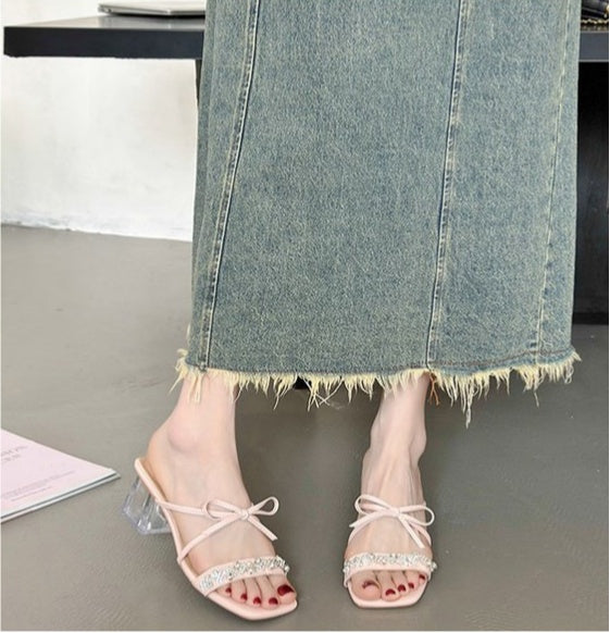 Square Bow Water Diamond Sandals With Exquisite Fairy Style French Temperament, Cool Slippers
