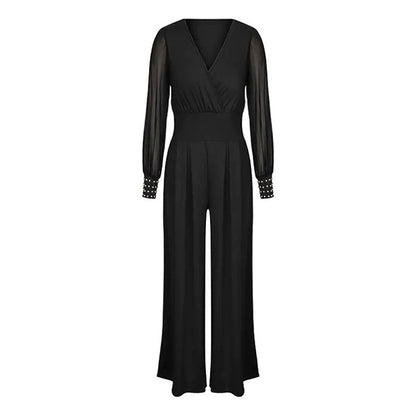 Women's Elegant V Neck Mesh Long Sleeve Loose Wide Leg Romper Party Jumpsuits With Rivet Cuffs