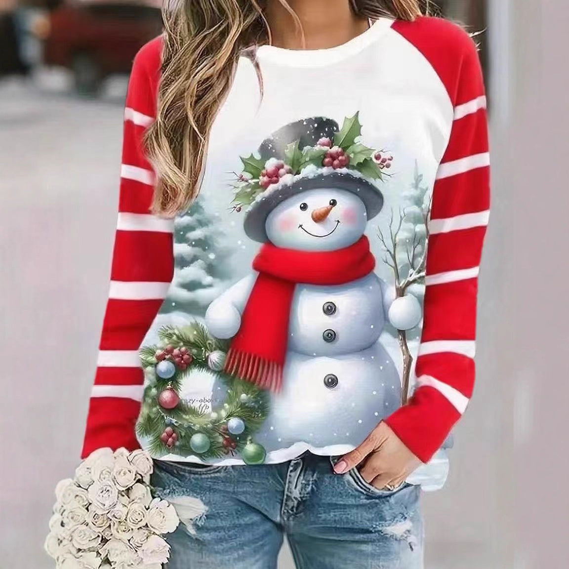 Large Size Women's Snowman Pattern Long Sleeve