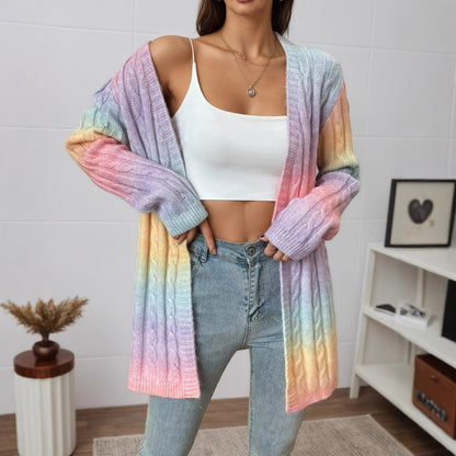 Gradient Color Twist Knitted Cardigan Coat For Women