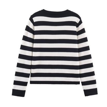 Black And White Striped Knitted Cardigan For Women