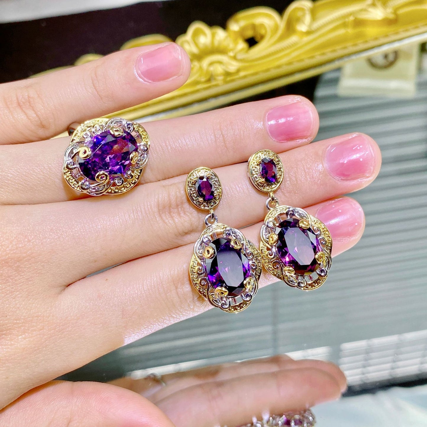 Double Color Gold Amethyst Carved Gold Craft Purple Diamond Suit