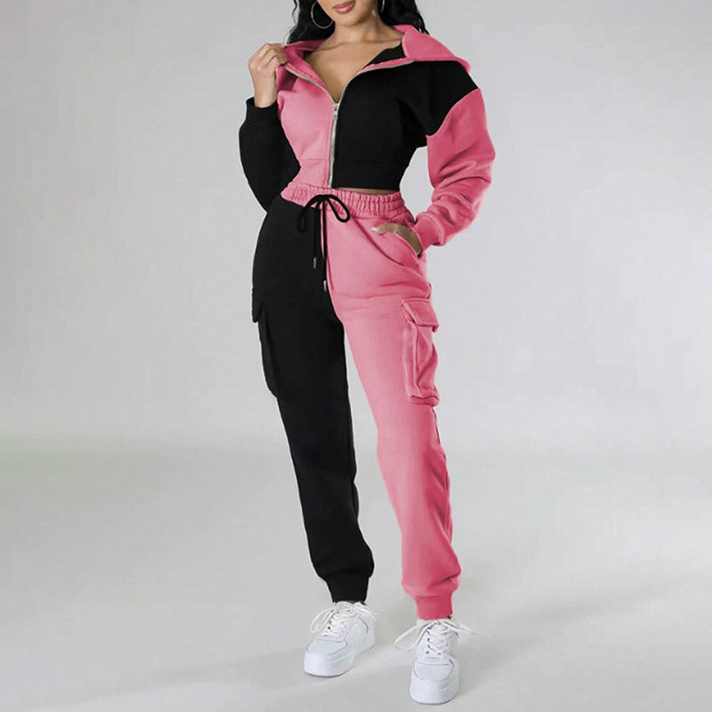 Women's Color Block 2 Piece Set, Full Zip Up Cropped Hoodie Jacket & Drawstring Cargo Pants, Casual Streetwear Outfit