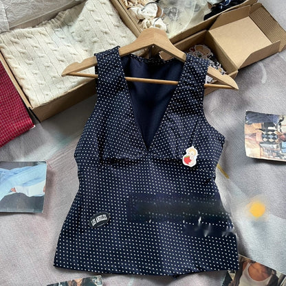 Navy Blue Polka Dot V-neck Tight Waist Outerwear Top