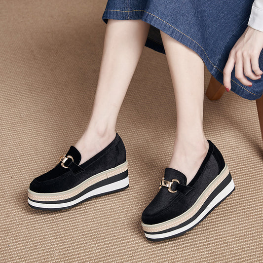 Metal-buckle Striped Sole Wedge Slip-on Shoes