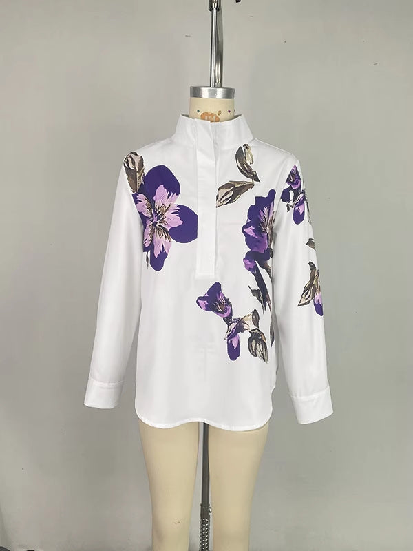 Long Sleeve And Loose Print Top Stand Collar Shirt