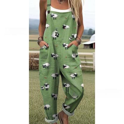 Women's Summer Digital Printing Button Casual Suspender Trousers