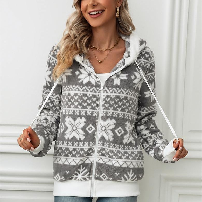 European And American Autumn And Winter New Hooded Cardigan Christmas Style Printed Plush Coat