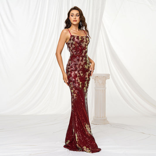 Sling Off-neck Sheath Sequined Banquet Fishtail Evening Dress