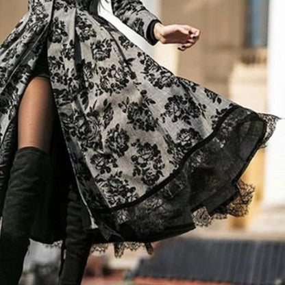 Women's Autumn Winter Long Sleeve Lace Trim Floral Print Vintage Long Trench Coat