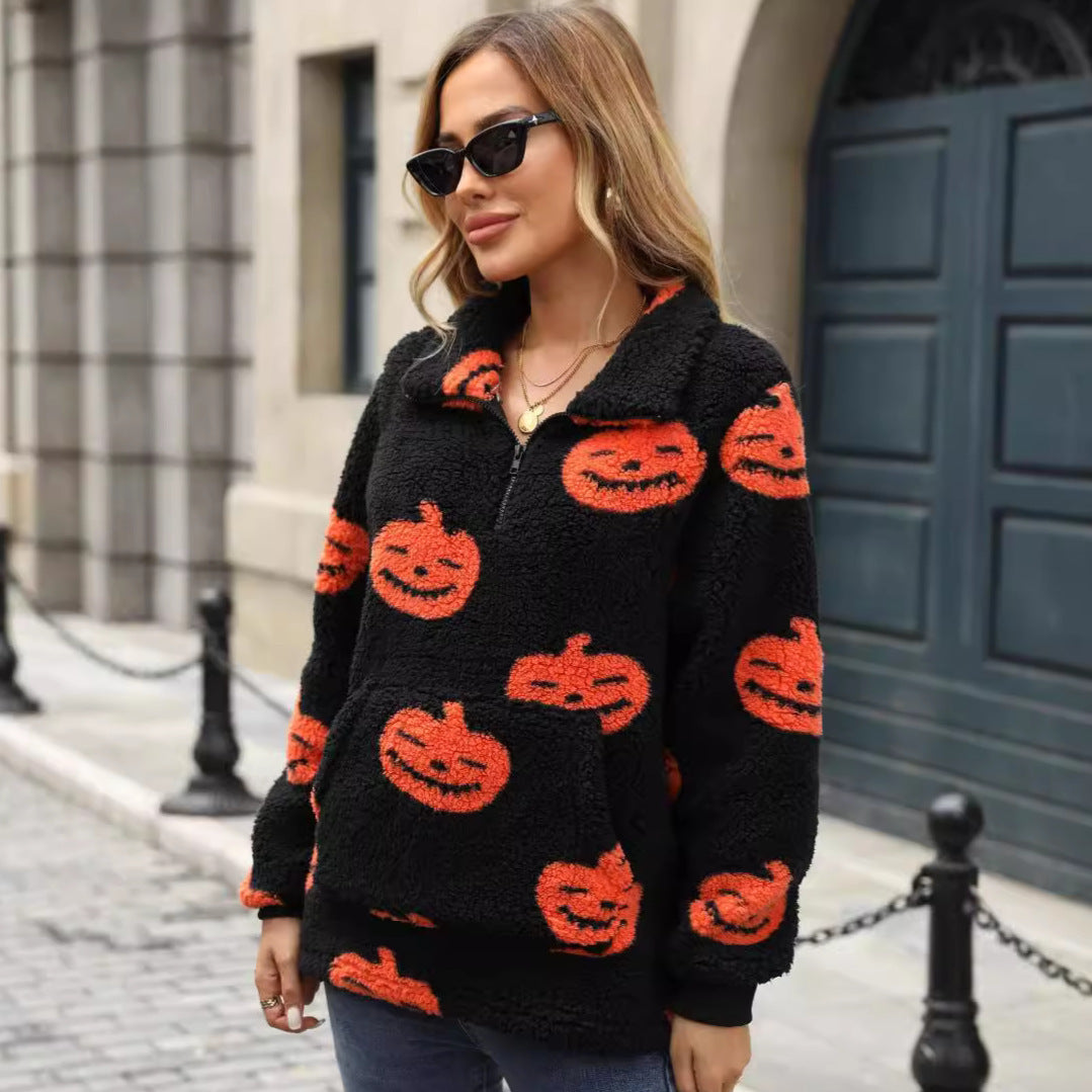Autumn And Winter New European And American Halloween Pumpkin Print Half Zipper Plush Pullover Sweater