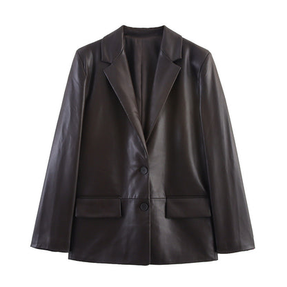 Fashion Temperament Women's Straight Leather Effect Blazer